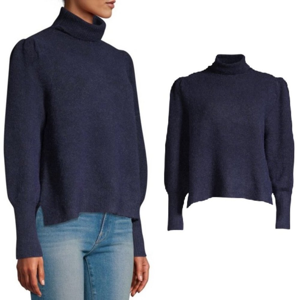Frame Swingy Rib Turtleneck Sweater in Navy Blue Small